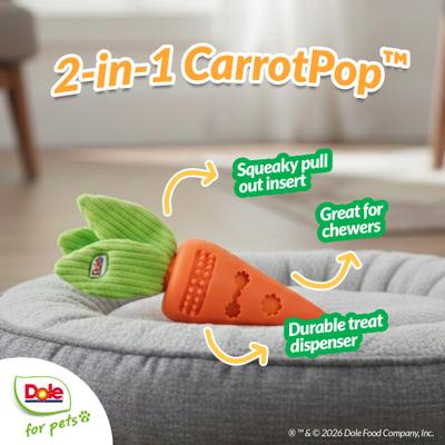 Show full view: Dole Products 2-in-1 CarrotPop Rubber Squeaky Mini Plush Dog Treat Dispenser Toy, 7-in slide 5 of 8