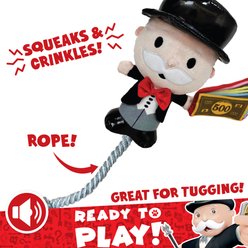Hasbro Mr. Moneybags Squeaky & Crinkle Plush with Rope Tug Dog Toy, Tan/Black/Red/Gray, 8-in slide 2 of 5