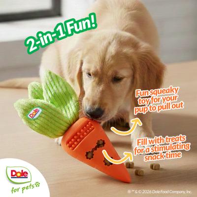 Show full view: Dole Products 2-in-1 CarrotPop Rubber Squeaky Mini Plush Dog Treat Dispenser Toy, 7-in slide 6 of 8