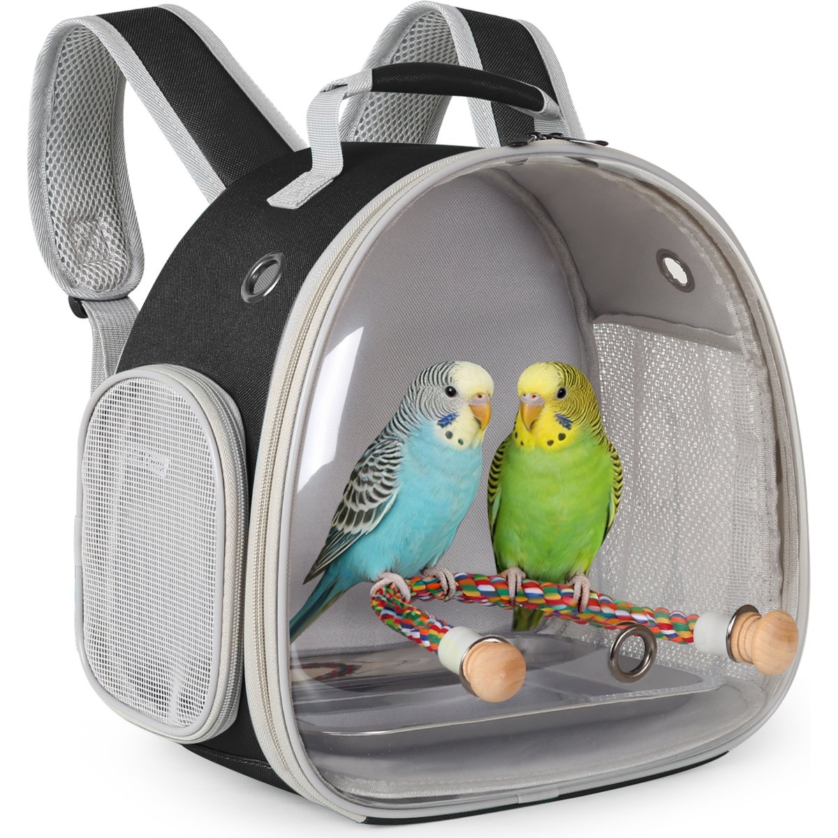 Halinfer Clear Space Capsule Bubble Window Cockatiel Backpack Carrier with Standing Perch & Metal Tray, 2-lb bag, Black