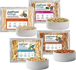 JustFoodForDogs Frozen Human Grade Fresh Dog Food Variety Pack: Fish & Sweet Potato + Venison & Squash + Turkey + Joint & Skin Support Recipes, 18-oz pouch, bundle of 7