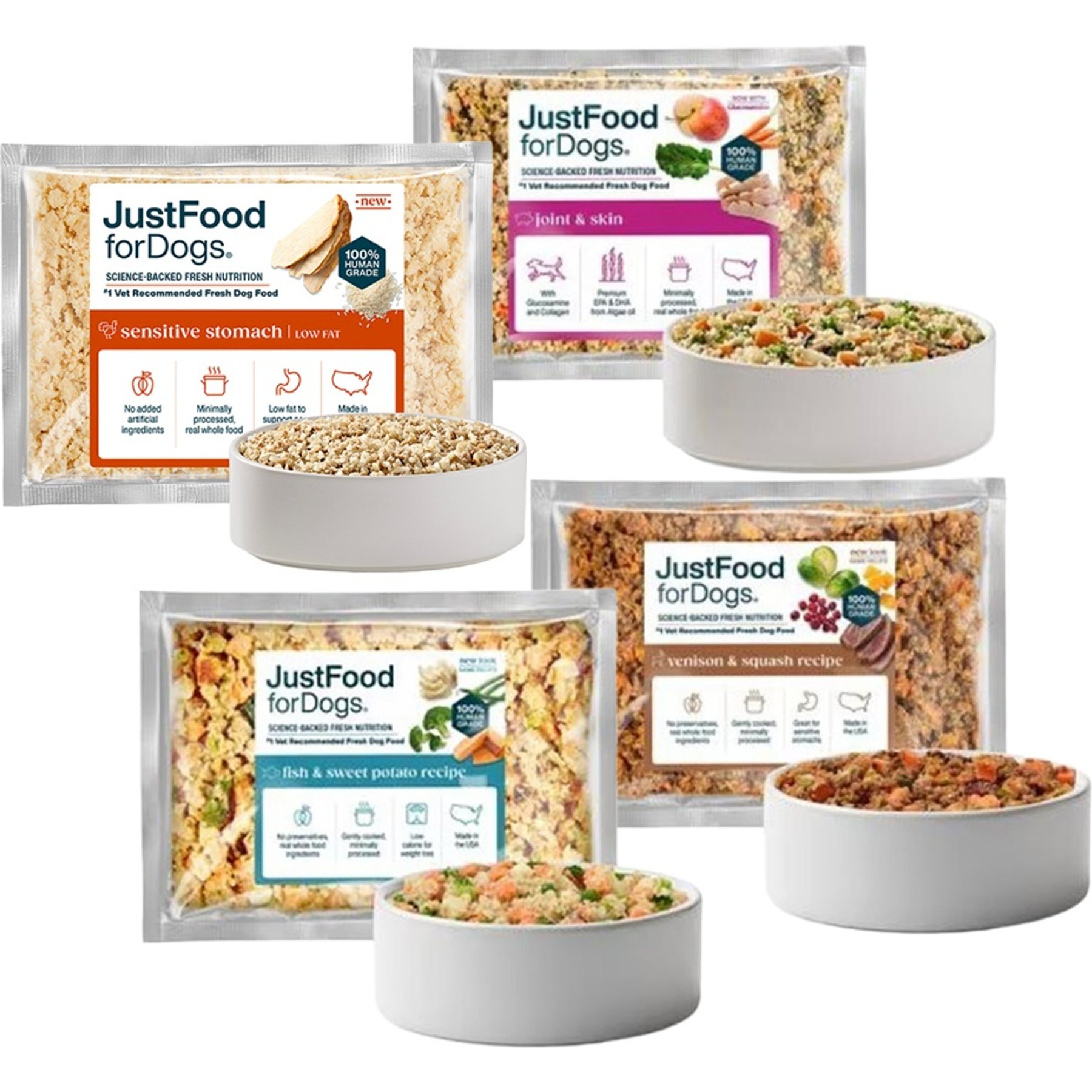 JustFoodForDogs Frozen Human Grade Fresh Dog Food Variety Pack: Fish & Sweet Potato + Venison & Squash + Turkey + Joint & Skin Support Recipes, 18-oz pouch, bundle of 7