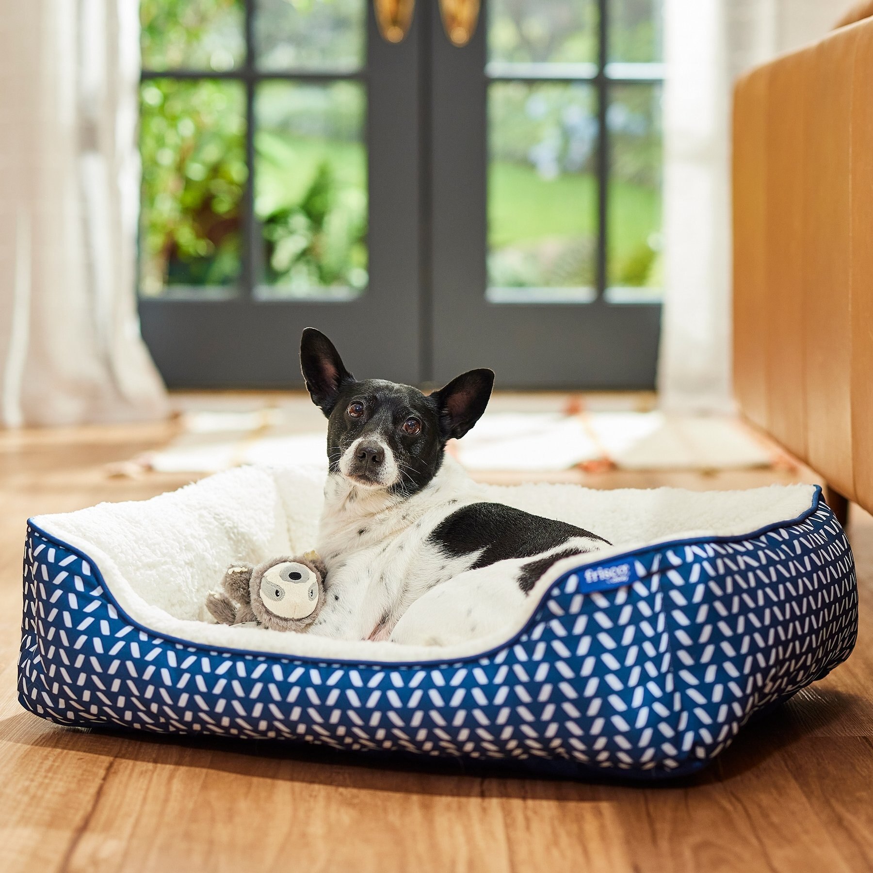Frisco Sherpa Bolster Cat & Dog Bed, Navy Herringbone, Medium