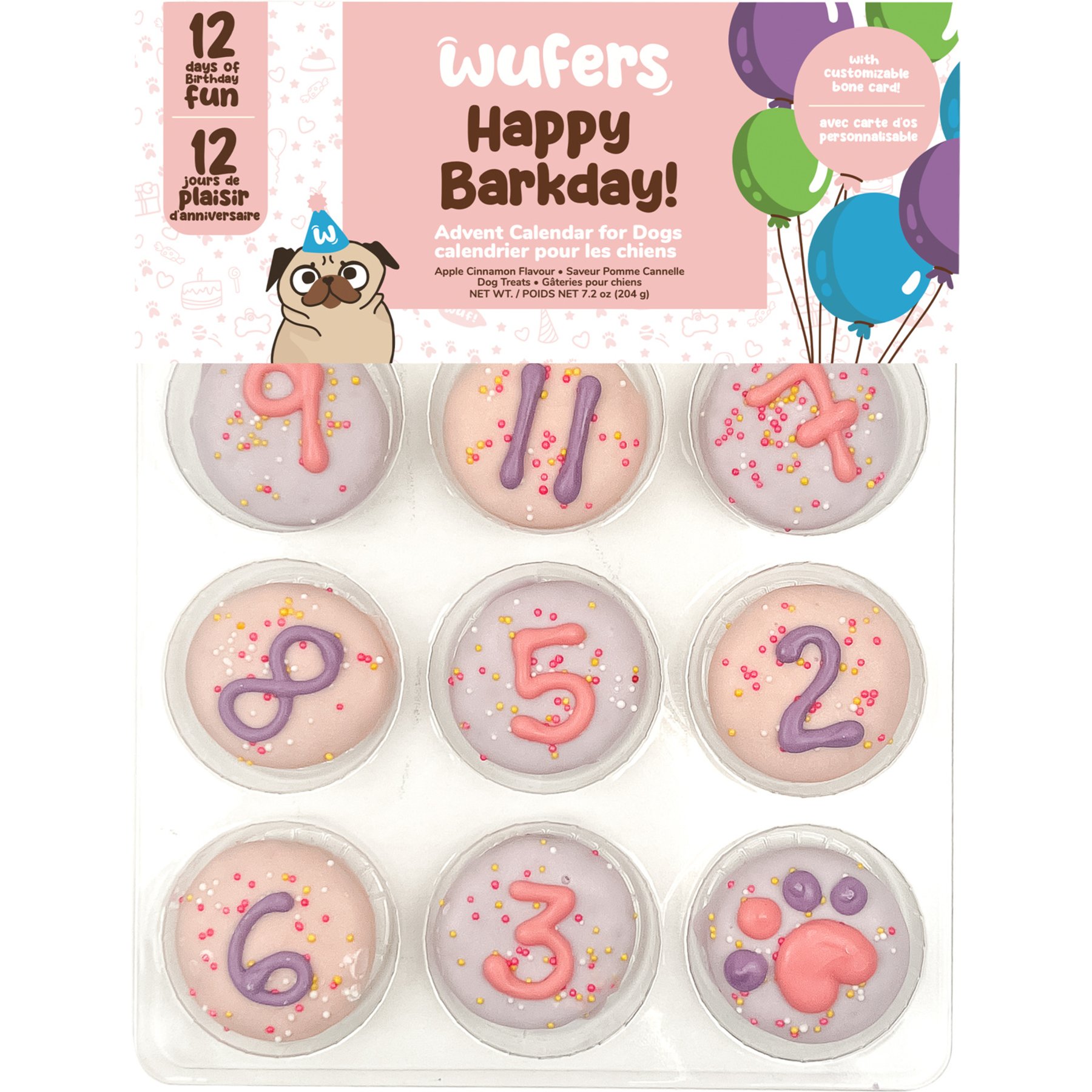Wufers Happy Barkday 12-Day Birthday Advent Calendar Cookies Dog Treats, 7.2-oz, 12 count, Pink
