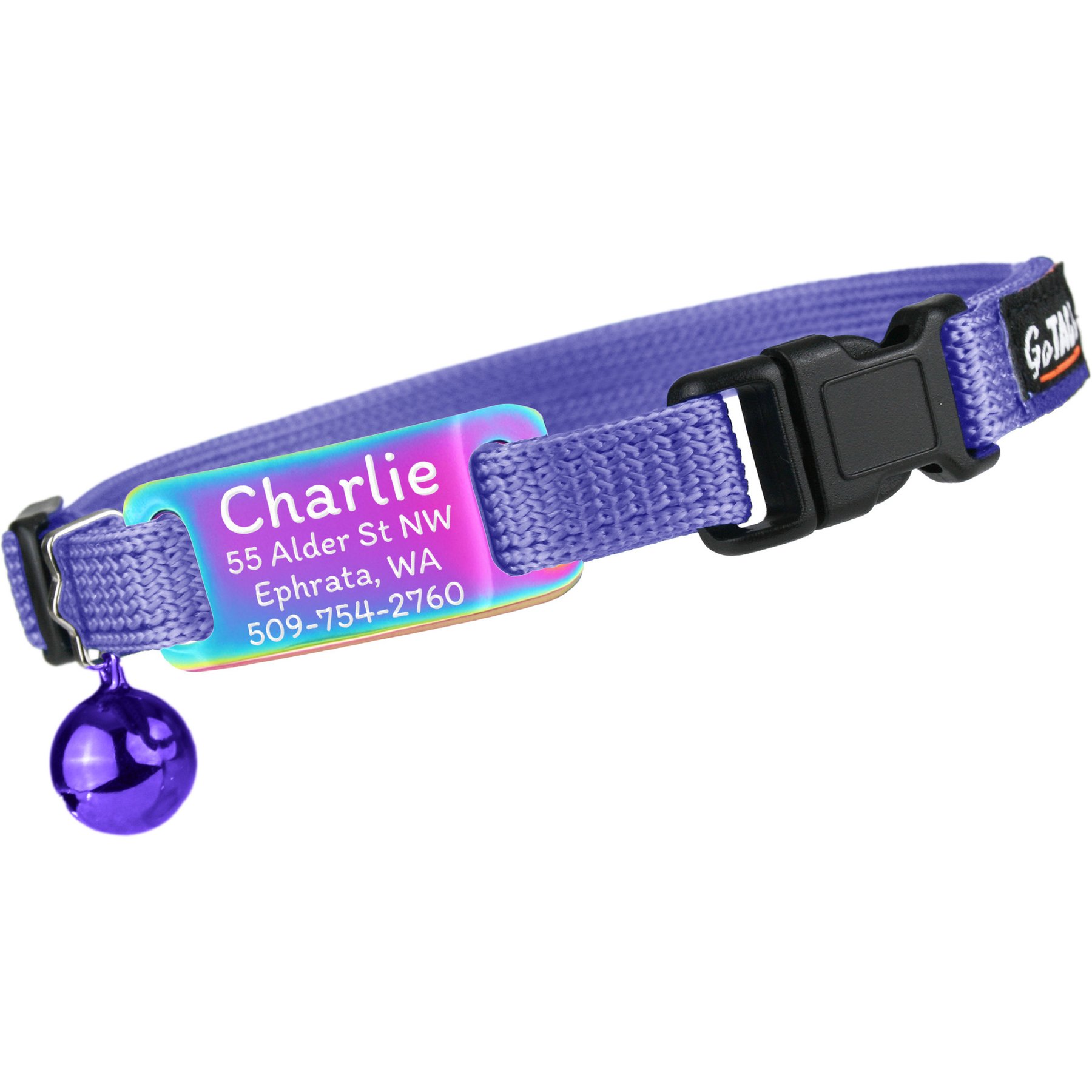 GoTags Personalized Engraved Nameplate Breakaway Cat Collar, Lilac/Multicolor, 8 to 12-in neck, 1/2-in wide