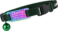 GoTags Personalized Engraved Nameplate Breakaway Cat Collar, Forest Green/Multicolor, 8 to 12-in neck, 1/2-in wide