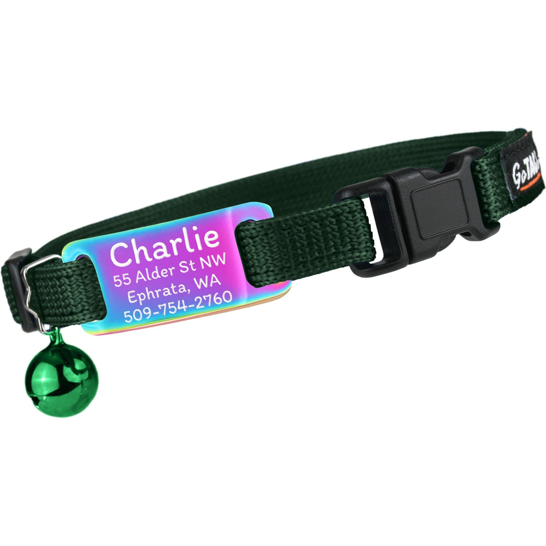 GoTags Personalized Engraved Nameplate Breakaway Cat Collar, Forest Green/Multicolor, 8 to 12-in neck, 1/2-in wide