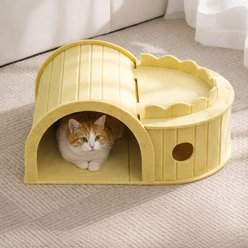 NonoPets Interactive 3-in-1 Felt Multi-Functional S-Shaped Play Maze Walk Through Plastic Cat Tunnel & Hideaway with Scratching Surface & Elevated Nap Perch, Yellow
