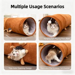 NonoPets Interactive Suede Hideaway Collapsible Foldable Polyester Plush Cat Tunnel with Peek-A-Boo Window, Teddy Bear Toy & Dangling Play Ball, Brown, Large slide 2 of 7