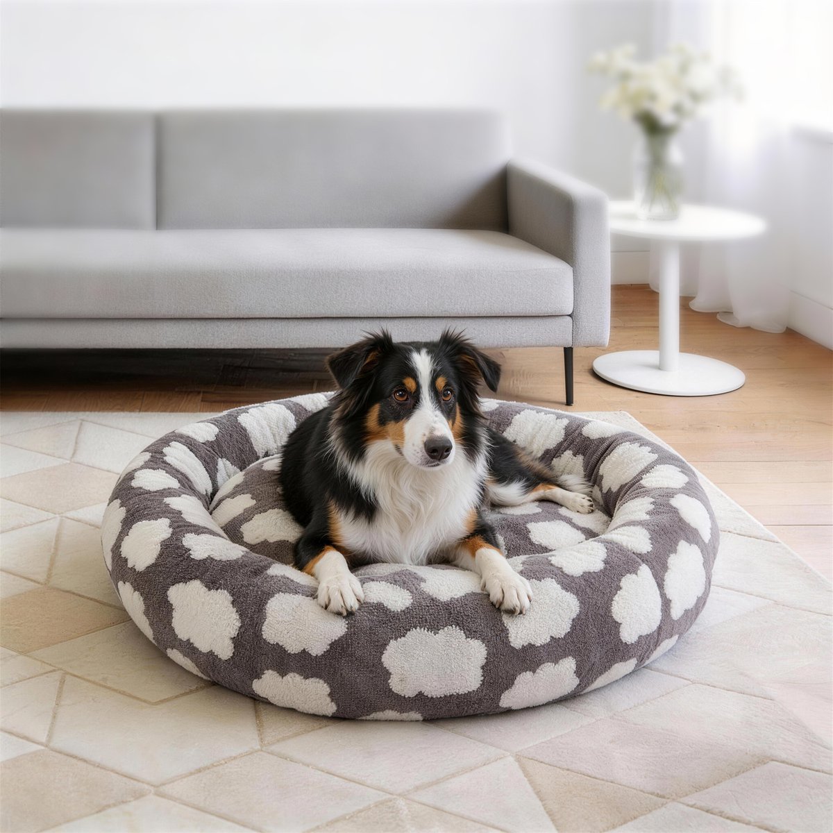 AIPERRO Jacquard Plush Donut Bolster Dog & Cat Bed with Removable Cover, Grey, X-Large