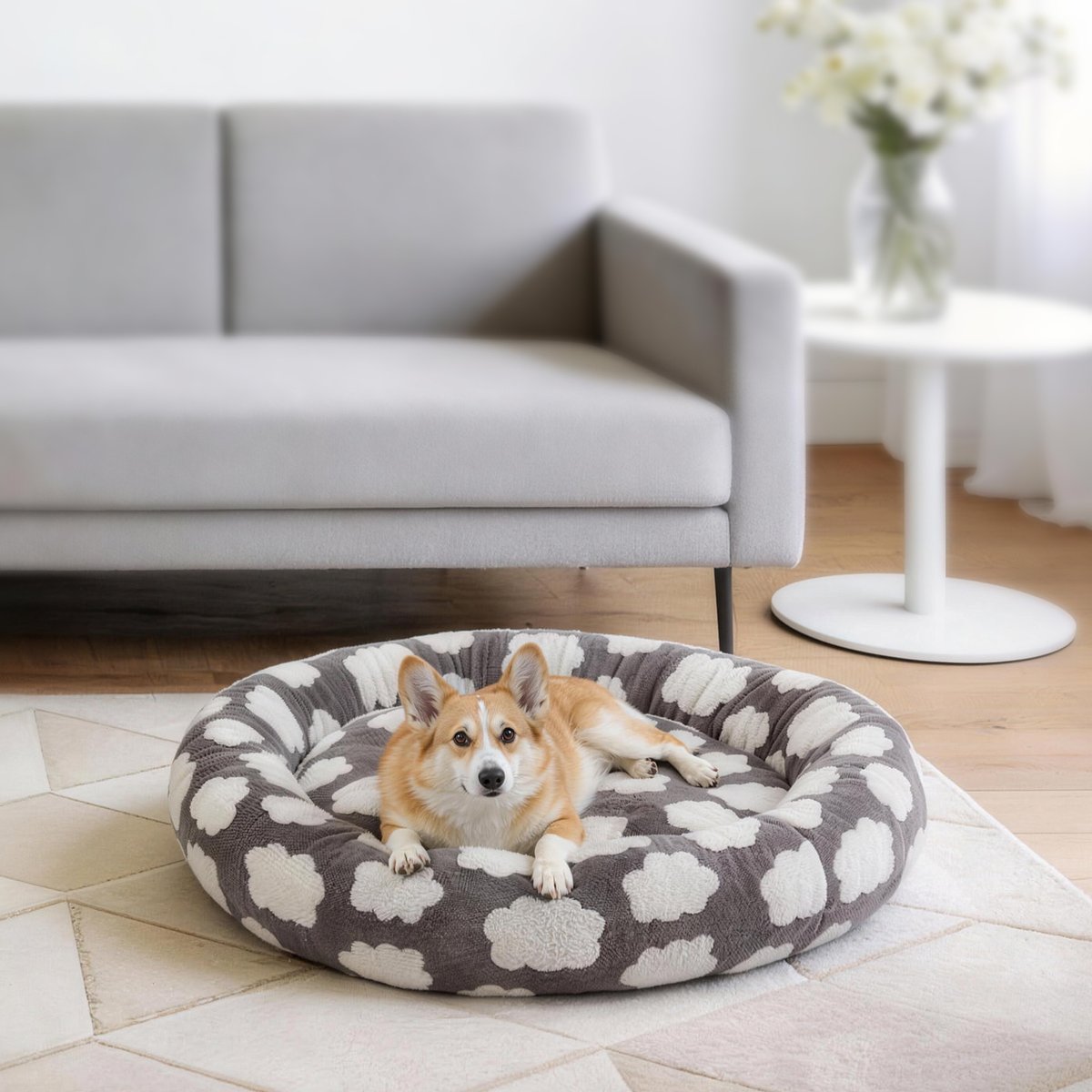 AIPERRO Jacquard Plush Donut Bolster Dog & Cat Bed with Removable Cover, Grey, Large