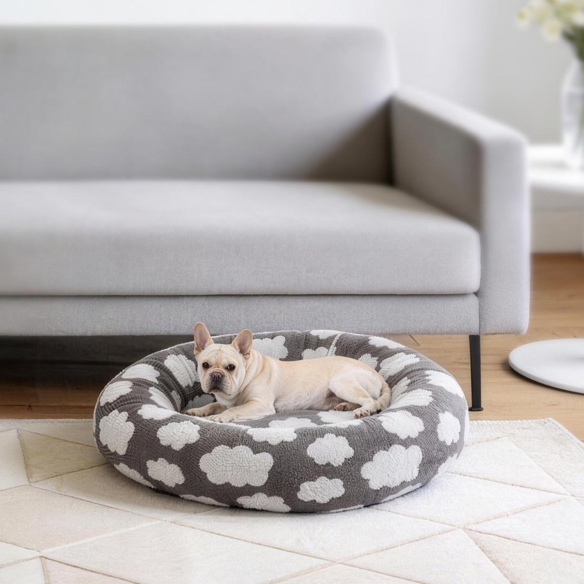AIPERRO Jacquard Plush Donut Bolster Dog & Cat Bed with Removable Cover, Grey, Medium