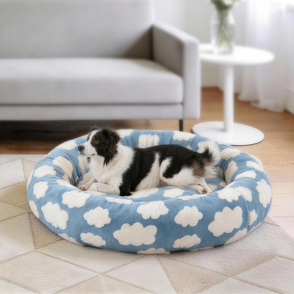 AIPERRO Jacquard Plush Donut Bolster Dog & Cat Bed with Removable Cover, Blue, X-Large