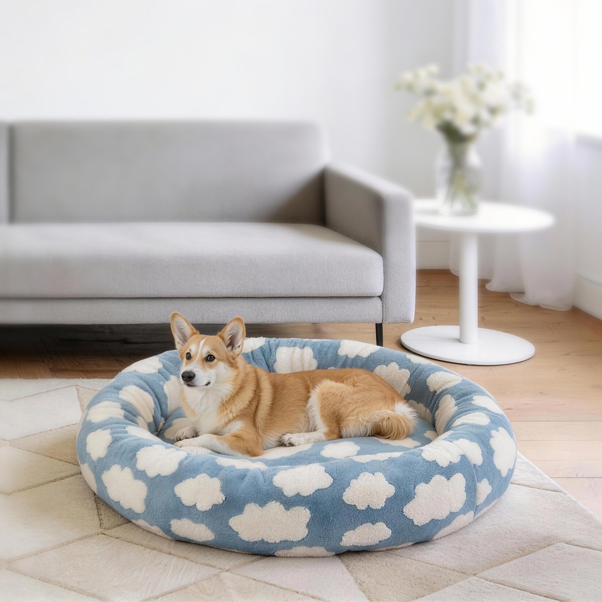 AIPERRO Jacquard Plush Donut Bolster Dog & Cat Bed with Removable Cover, Blue, Large