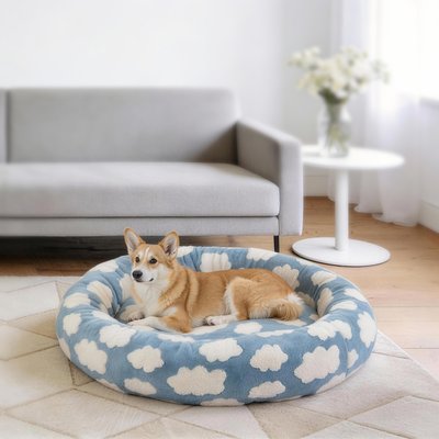 AIPERRO AIPERRO Jacquard Plush Donut Bolster Dog & Cat Bed with Removable Cover, Blue, Large