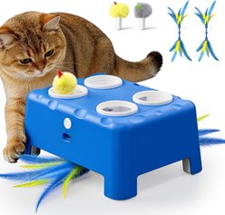 Casfuy 2-in-1 Interactive Cat Games & Puzzle Toy with 4-Hole Mole & Rotating Feather, Blue