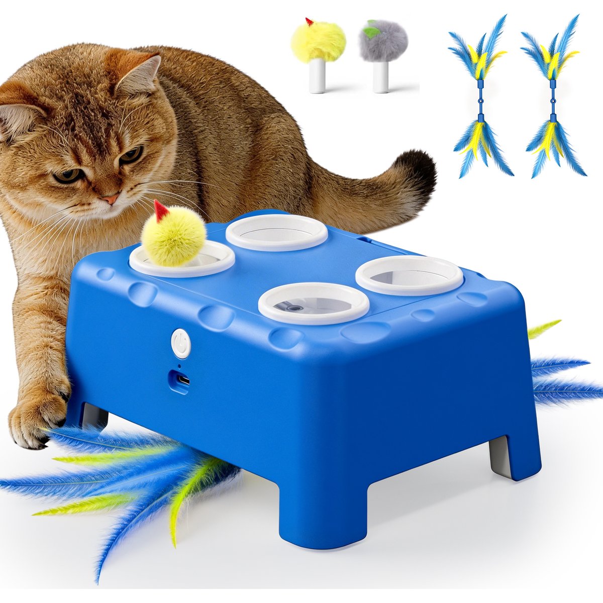 Casfuy 2-in-1 Interactive Cat Games & Puzzle Toy with 4-Hole Mole & Rotating Feather, Blue