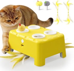 Casfuy 2-in-1 Interactive Cat Games & Puzzle Toy with 4-Hole Mole & Rotating Feather, Yellow