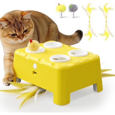Casfuy Casfuy 2-in-1 Interactive Cat Games & Puzzle Toy with 4-Hole Mole & Rotating Feather, Yellow