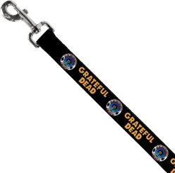 Buckle-Down Grateful Dead Text Skull & Roses Round Logo Polyester Dog Leash, Black/Yellow, 4-ft long, 1-in wide slide 2 of 3