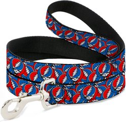 Buckle-Down Grateful Dead Steal Your Face Logo Stacked Dog Leash, Red/White/Blue, 4-ft long, 1-in wide