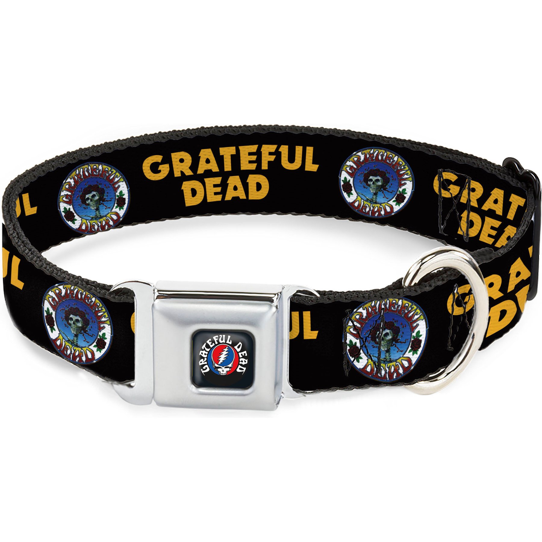 Buckle-Down Grateful Dead Text Skull & Roses Round Logo Metal Seatbelt Buckle Polyester Dog Collar, Black/Yellow, Small: 9.5 to 13-in neck, 1-in wide