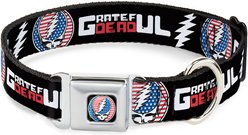 Buckle-Down Grateful Dead Text & Steal Your Face Stars & Stripes Logo Metal Seatbelt Buckle Polyester Dog Collar, Black, Small: 13 to 17-in neck, 1.5-in wide
