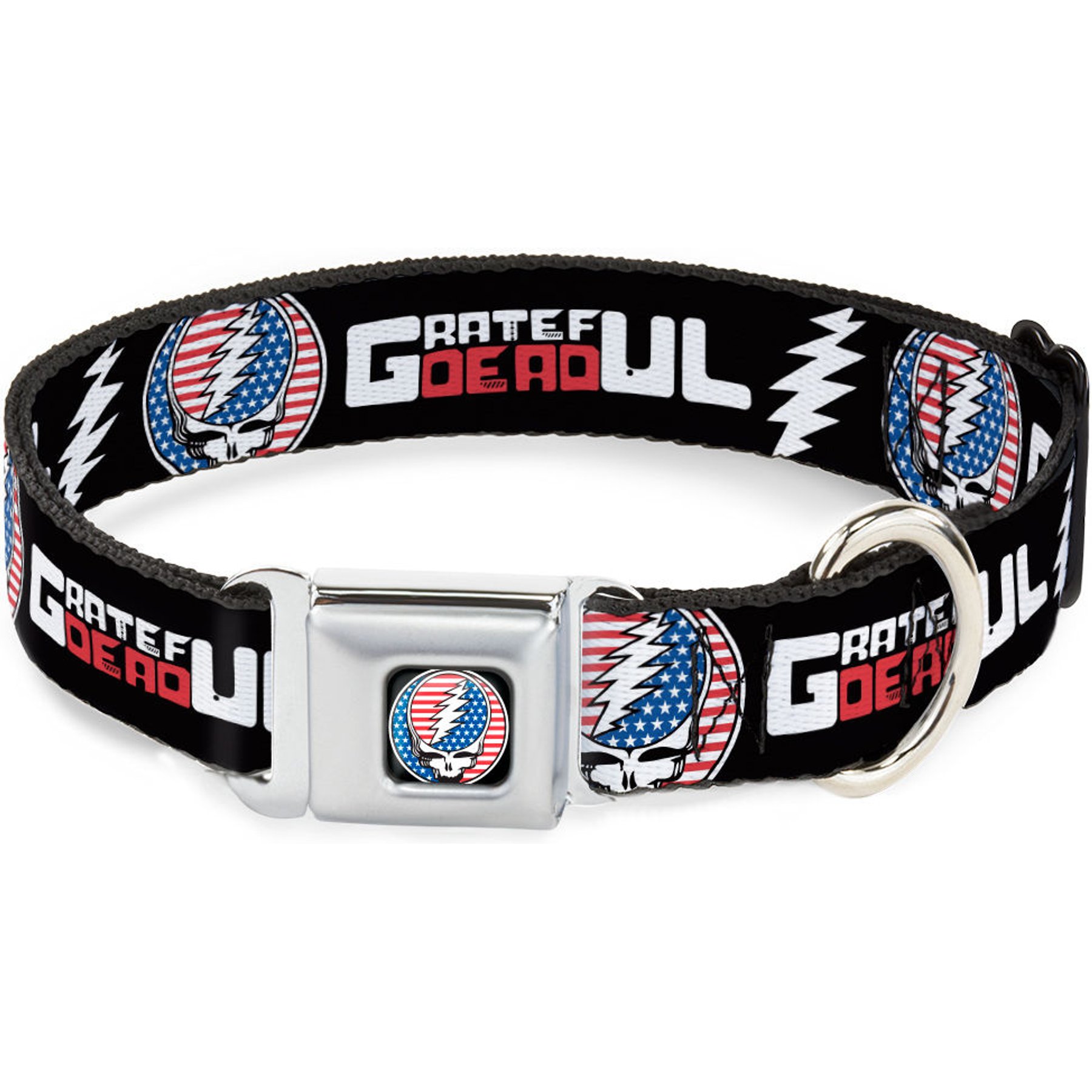 Buckle-Down Grateful Dead Text & Steal Your Face Stars & Stripes Logo Metal Seatbelt Buckle Polyester Dog Collar, Black, Small: 13 to 17-in neck, 1.5-in wide