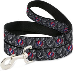 Buckle-Down Grateful Dead Text Skull & Roses Round Logo Polyester Dog Leash, Black/Yellow, 4-ft long, 1-in wide