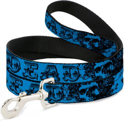 Buckle-Down Grateful Dead Text Skull Roses Polyester Dog Leash, Turquoise Blue, 4-ft long, 1-in wide