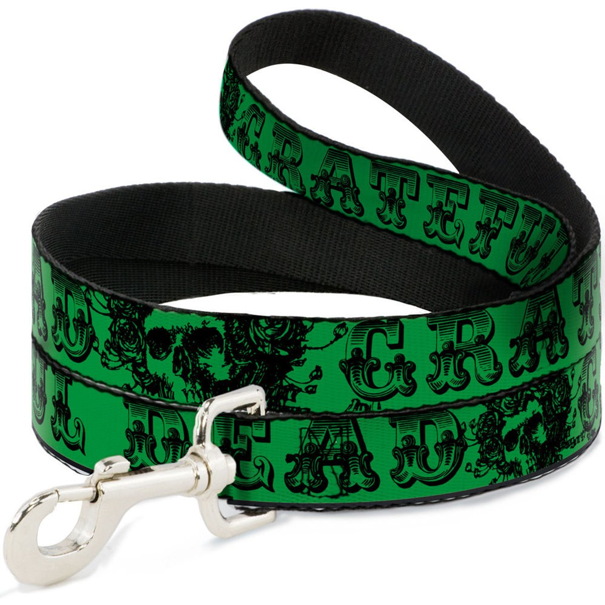 Buckle-Down Grateful Dead Text Skull Roses Polyester Dog Leash, Green, 4-ft long, 1-in wide