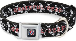 Buckle-Down Grateful Dead Dancing Skeletons & Text Metal Seatbelt Buckle Polyester Dog Collar, Black/White/Red, Small: 13 to 17-in neck, 1.5-in wide