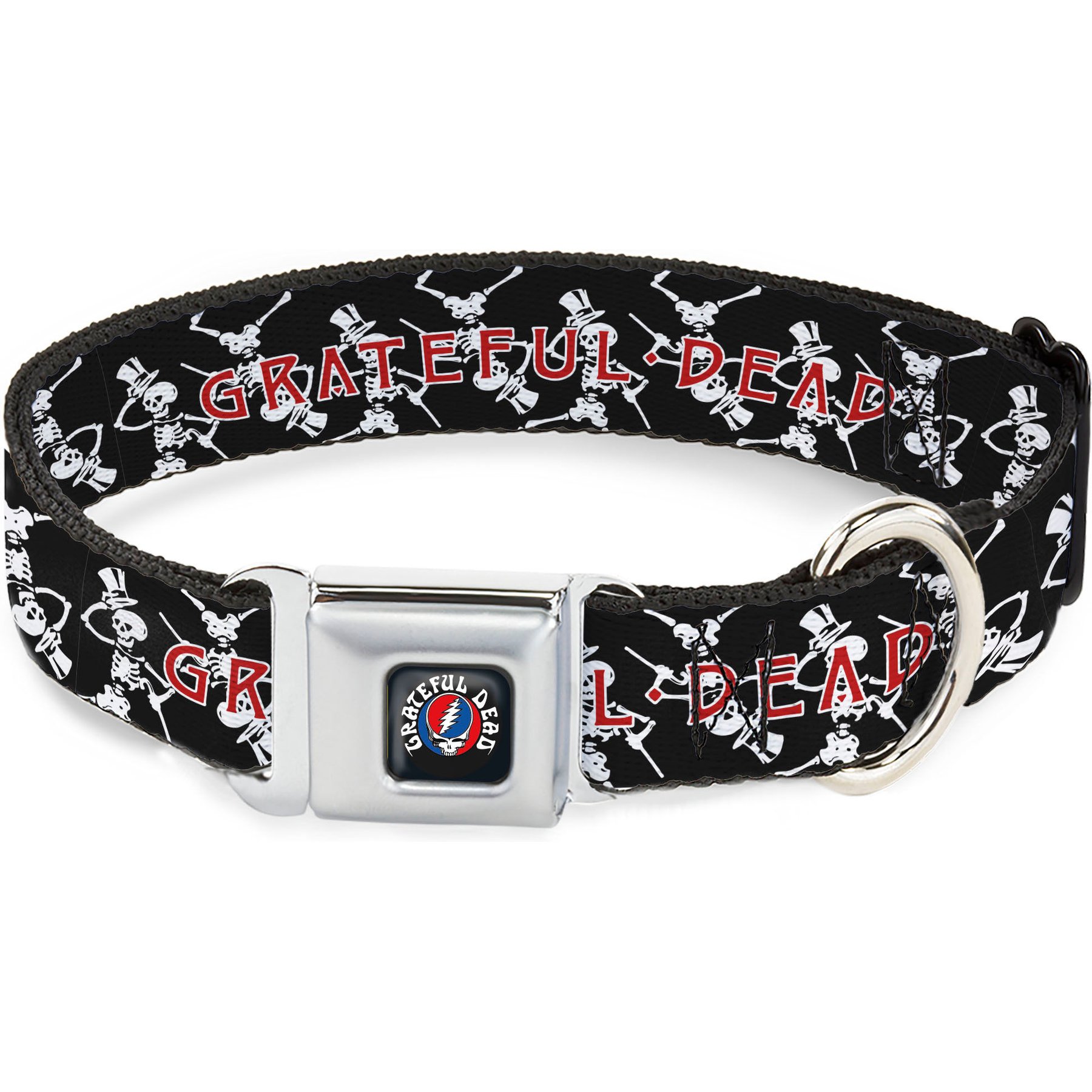 Buckle-Down Grateful Dead Dancing Skeletons & Text Metal Seatbelt Buckle Polyester Dog Collar, Black/White/Red, Large: 20 to 31-in neck, 1.5-in wide