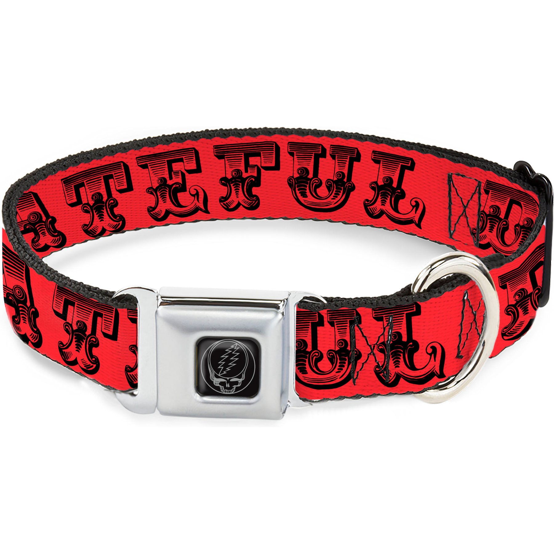 Buckle-Down Grateful Dead Text Skull Roses Metal Seatbelt Buckle Polyester Dog Collar, Red, Medium: 16 to 23-in neck, 1.5-in wide
