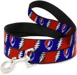 Buckle-Down Grateful Dead Steal Your Face Lightning Bolt Repeat Polyester Dog Leash, Red/White/Blue, 6-ft long, 1-in wide