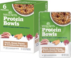 Wellness Protein Bowls Adult Wholesome Grains Duck, Sweet Potato & Cranberries Fresh Alternative Dog Food, 6.2-oz pouch, case of 6