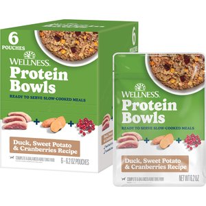 Wellness Protein Bowls Adult Wholesome Grains Duck, Sweet Potato & Cranberries Fresh Alternative Dog Food, 6.2-oz pouch, case of 6