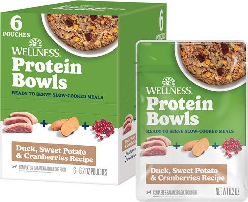 Wellness Protein Bowls Adult Wholesome Grains Duck, Sweet Potato & Cranberries Fresh Alternative Dog Food, 6.2-oz pouch, case of 6