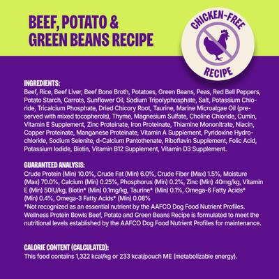 Show full view: Wellness Protein Bowls Adult Wholesome Grains Beef, Potato & Green Beans Fresh Alternative Dog Food, 6.2-oz pouch, case of 6 slide 10 of 11