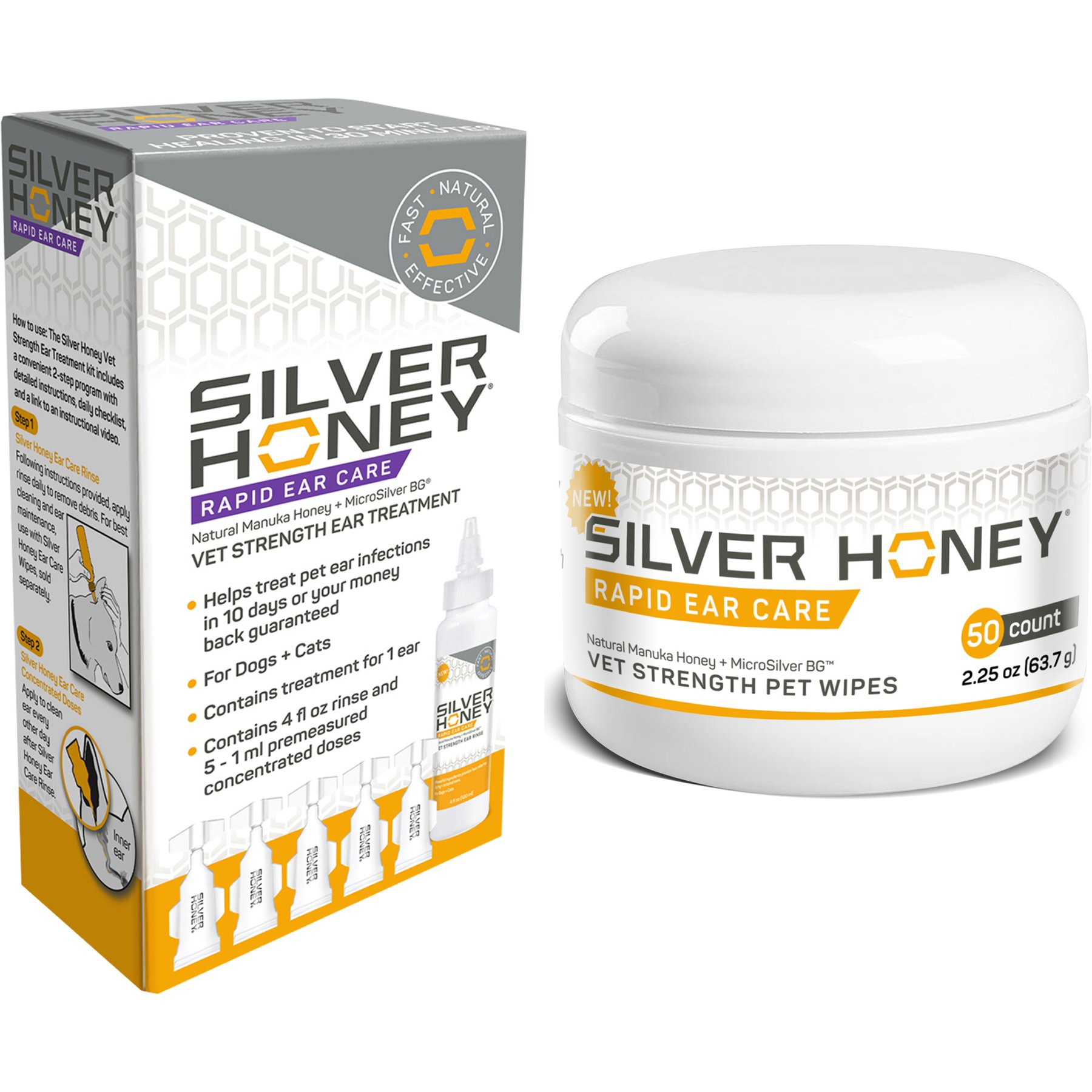 Silver Honey Rapid Vet Strength Ear Cleaner + Rapid Ear Care Vet Strength Dog & Cat Wipes, 50 count