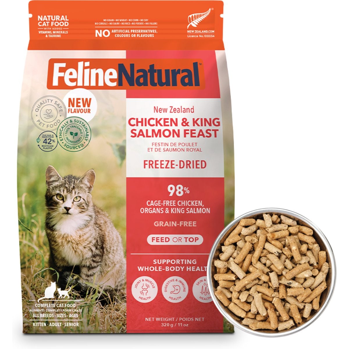 Feline Natural New Zealand Grain-Free Chicken & King Salmon Feast Freeze-Dried Cat Food, 11-oz bag
