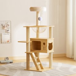 HOMLUX 48.8-in Modern Wood Cat Tower with Sisal Scratching Posts & Acrylic Hammock, Natural White