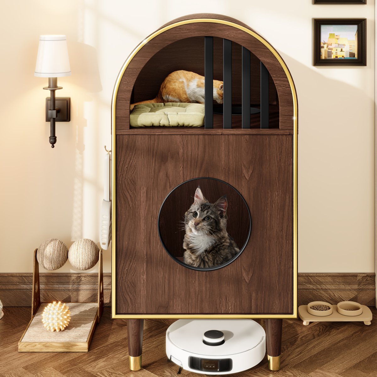 HOMLUX Litter Box Enclosure & 2-Tier Cat Condo, Espresso