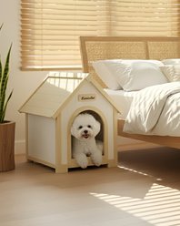 HOMLUX Modern FSC-Certified Solid Cedar Indoor Cat House, Creamy White