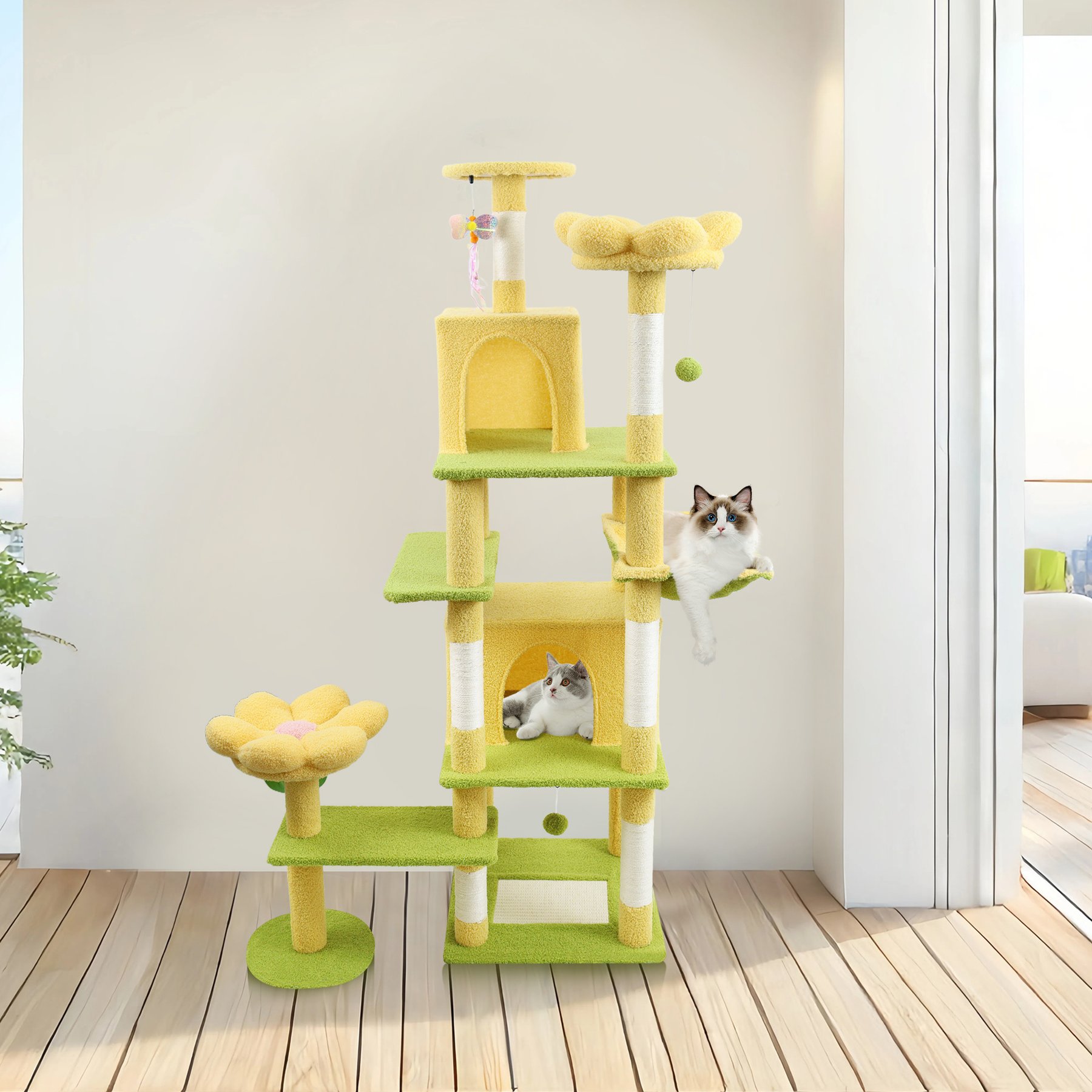 HOMLUX 71-in Flower Cat Tree with Condo, Removable Flower Cushion & Hammock, Yellow Green