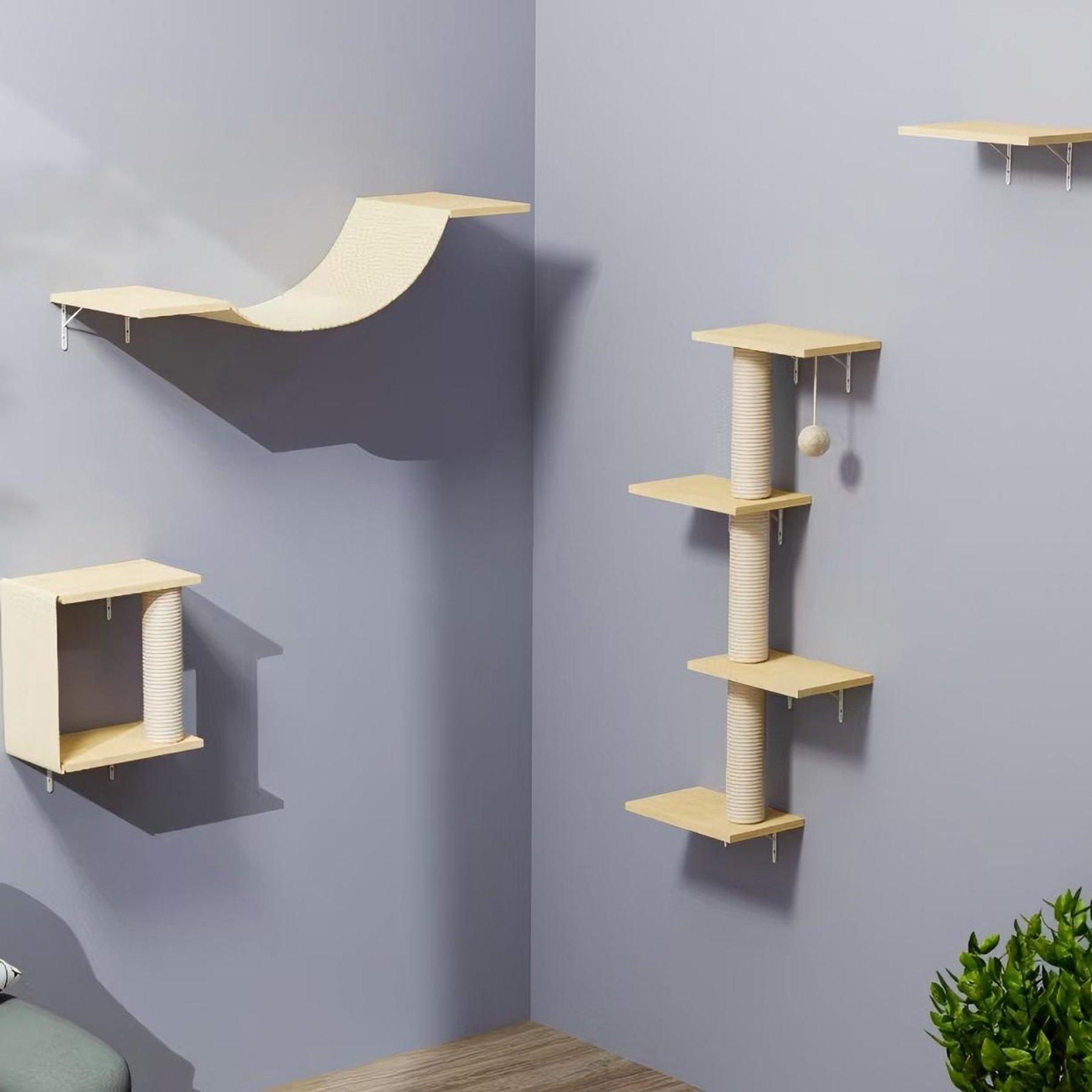 HOMLUX Unique Modern Wall Mounted 4 Level Cat Wall Shelves, Natural Wood