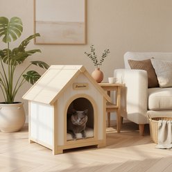 Zeus & Ruta Solid Cedar Wooden Dog House with EVA Cushion, Creamy White/Light Yellow slide 2 of 7
