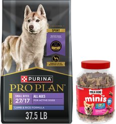 Purina Pro Plan All Life Stages Small Bites Lamb & Rice Formula Dry Food + Milk-Bone Mini's Flavor Snacks Beef, Chicken & Bacon Flavored Biscuit Dog Treats
