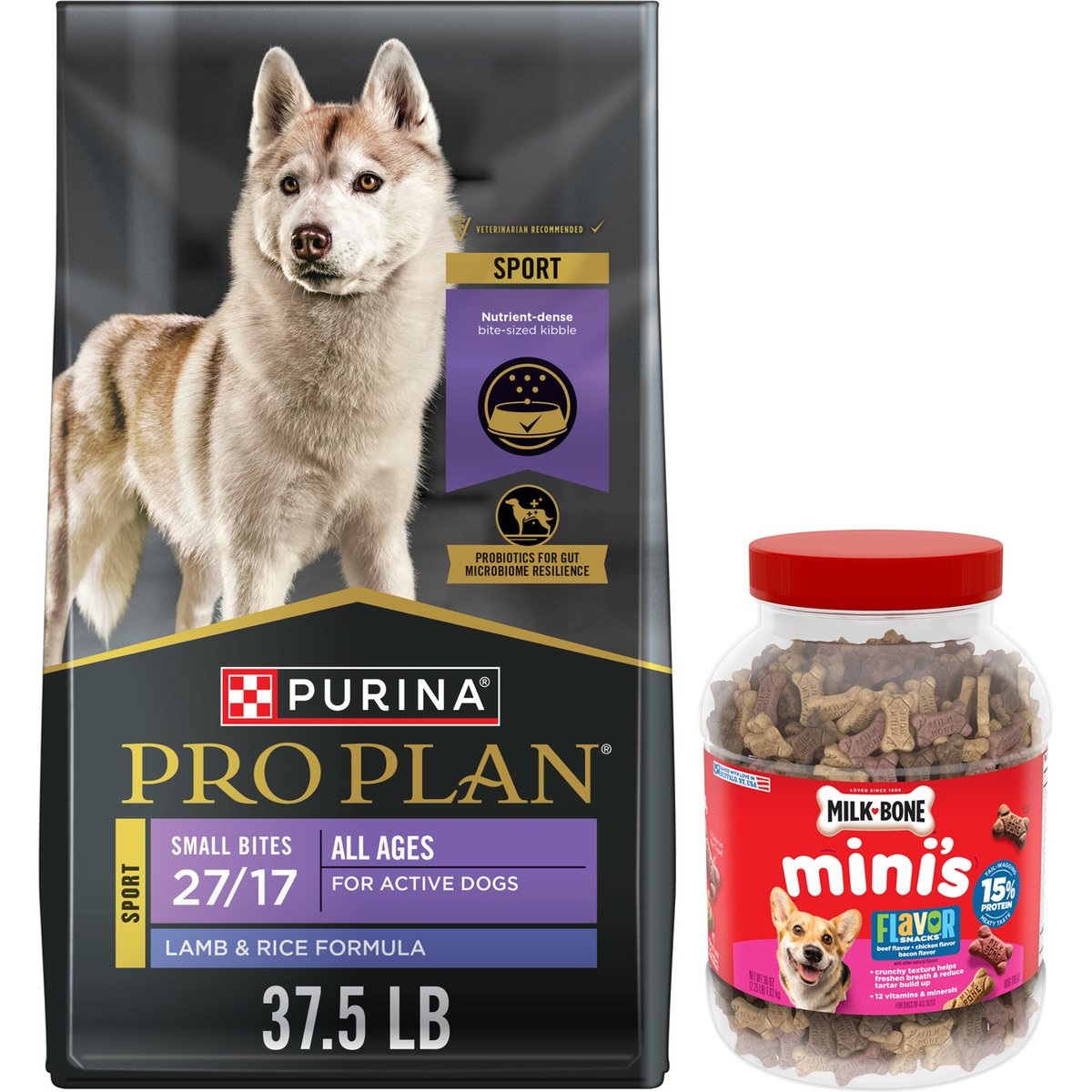 Purina Pro Plan All Life Stages Small Bites Lamb & Rice Formula Dry Food + Milk-Bone Mini's Flavor Snacks Beef, Chicken & Bacon Flavored Biscuit Dog Treats