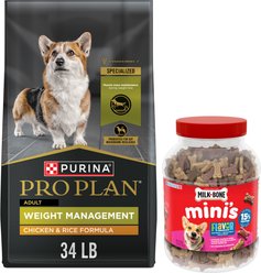 Purina Pro Plan Adult Weight Management Formula Dry Food + Milk-Bone Mini's Flavor Snacks Beef, Chicken & Bacon Flavored Biscuit Dog Treats slide 1 of 9